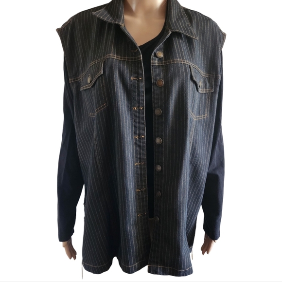 Juste pour moi black striped sleeveless jeans vest, plus size 2X - Picture 3 of 12